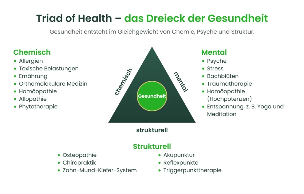 Grafik Triad of Health: Gesundheit im Gleichgewicht von Chemie, Psyche und Struktur